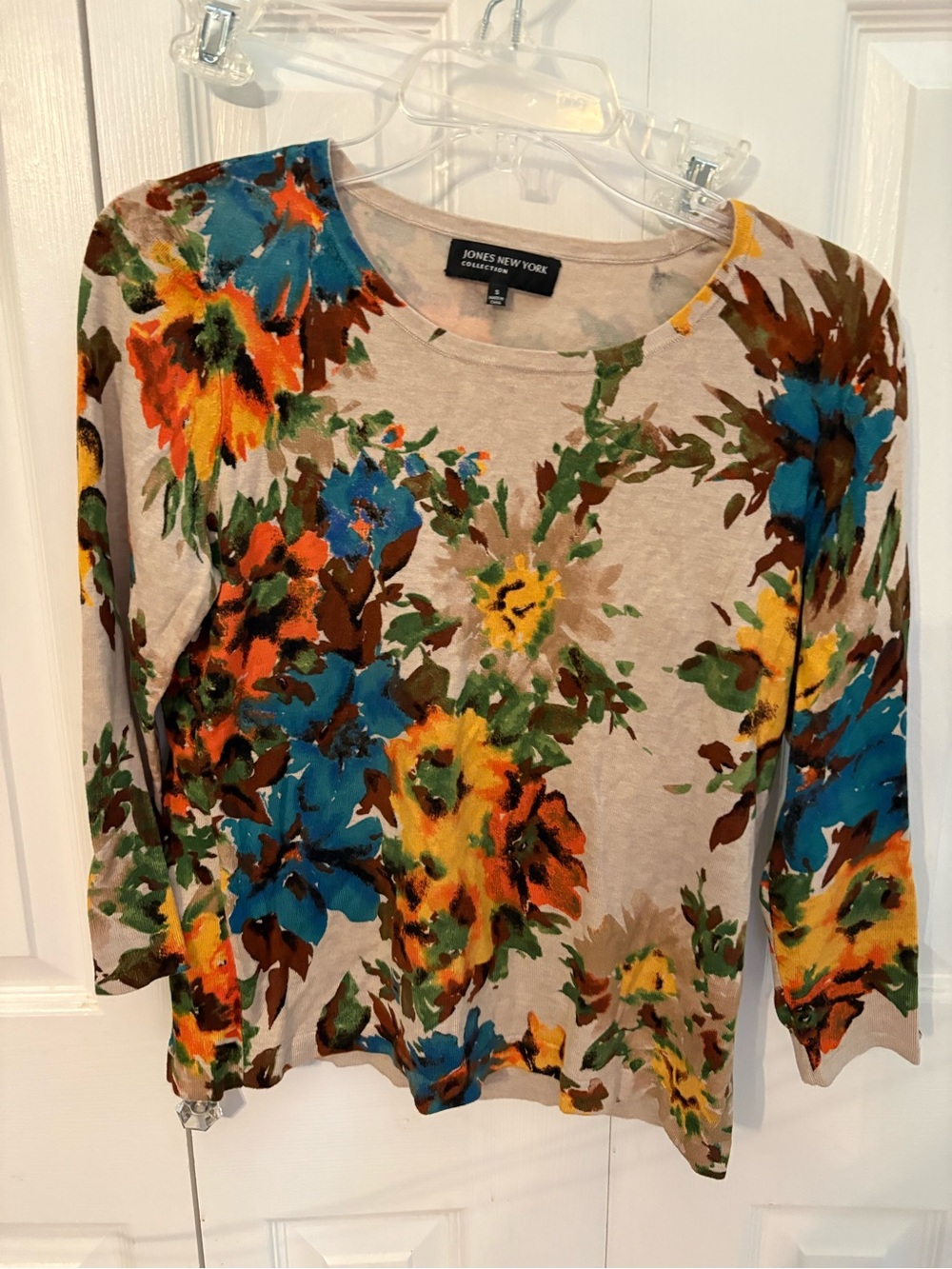 Jones New York Taupe Floral Long-Sleeve Tee with Blue, Yellow & Orange Blooms